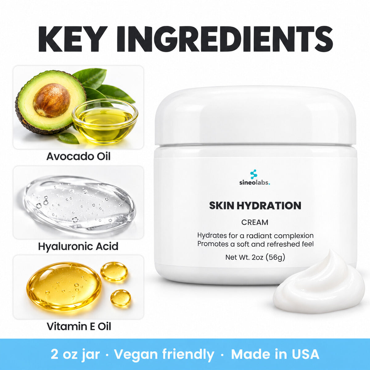 Skin Hydration Cream with Hyaluronic Acid: Avocado Oil, Hyaluronic Acid, Vitamin E Oil