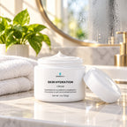 Skin Hydration Cream with Hyaluronic Acid open on a bathroom counter in soft morning light