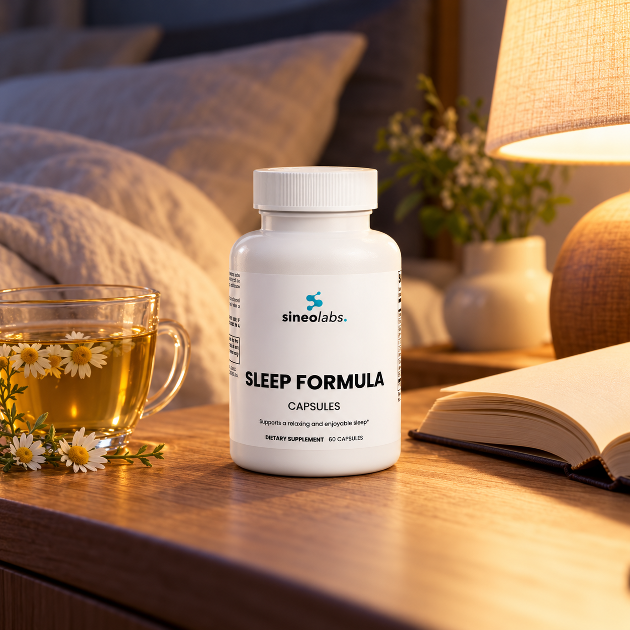 Sleep Formula on a bedside table at night beside a cup of chamomile tea