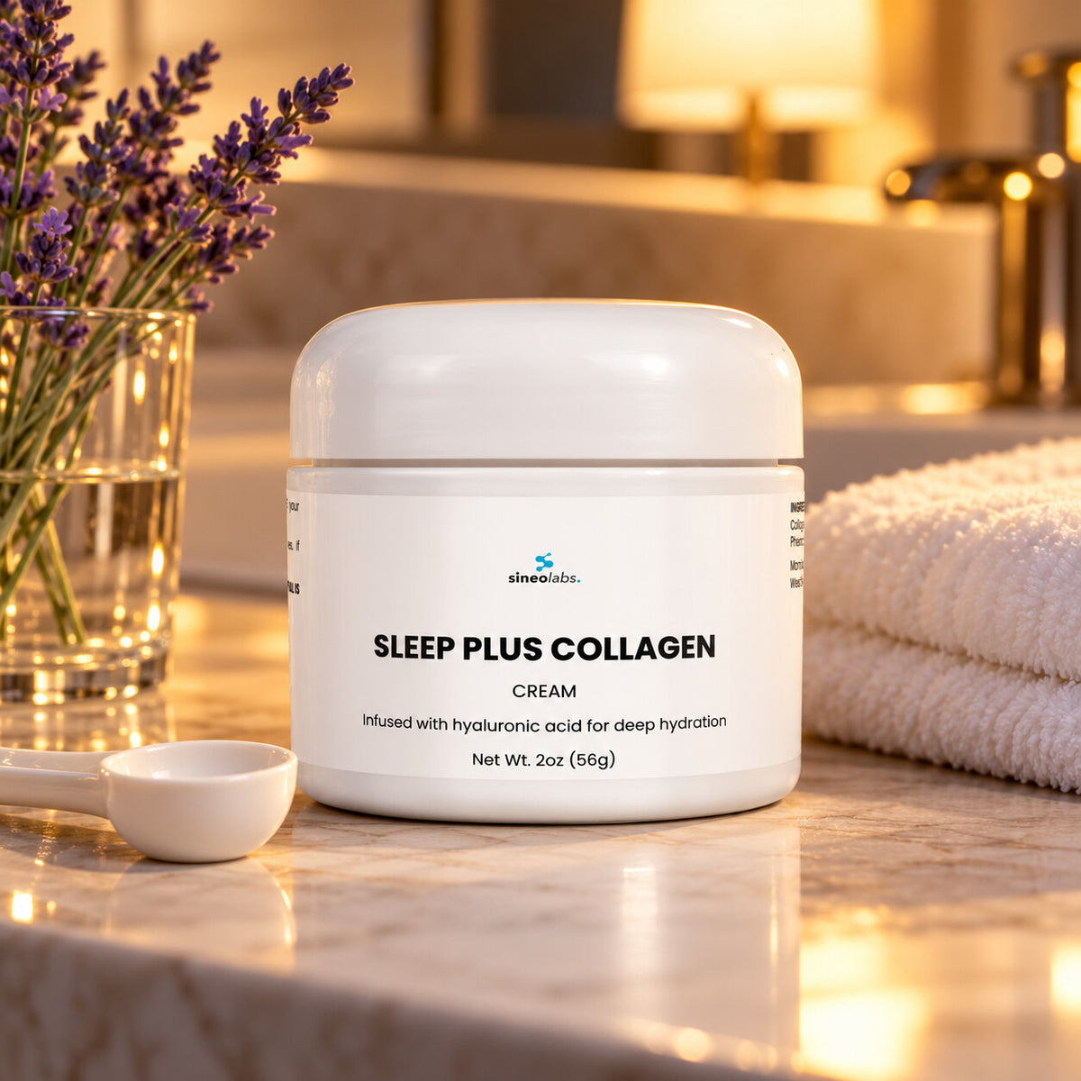 Sleep Plus Collagen Night Cream with Hyaluronic Acid on a bathroom counter at night in warm lamp light beside a small measuring spoon