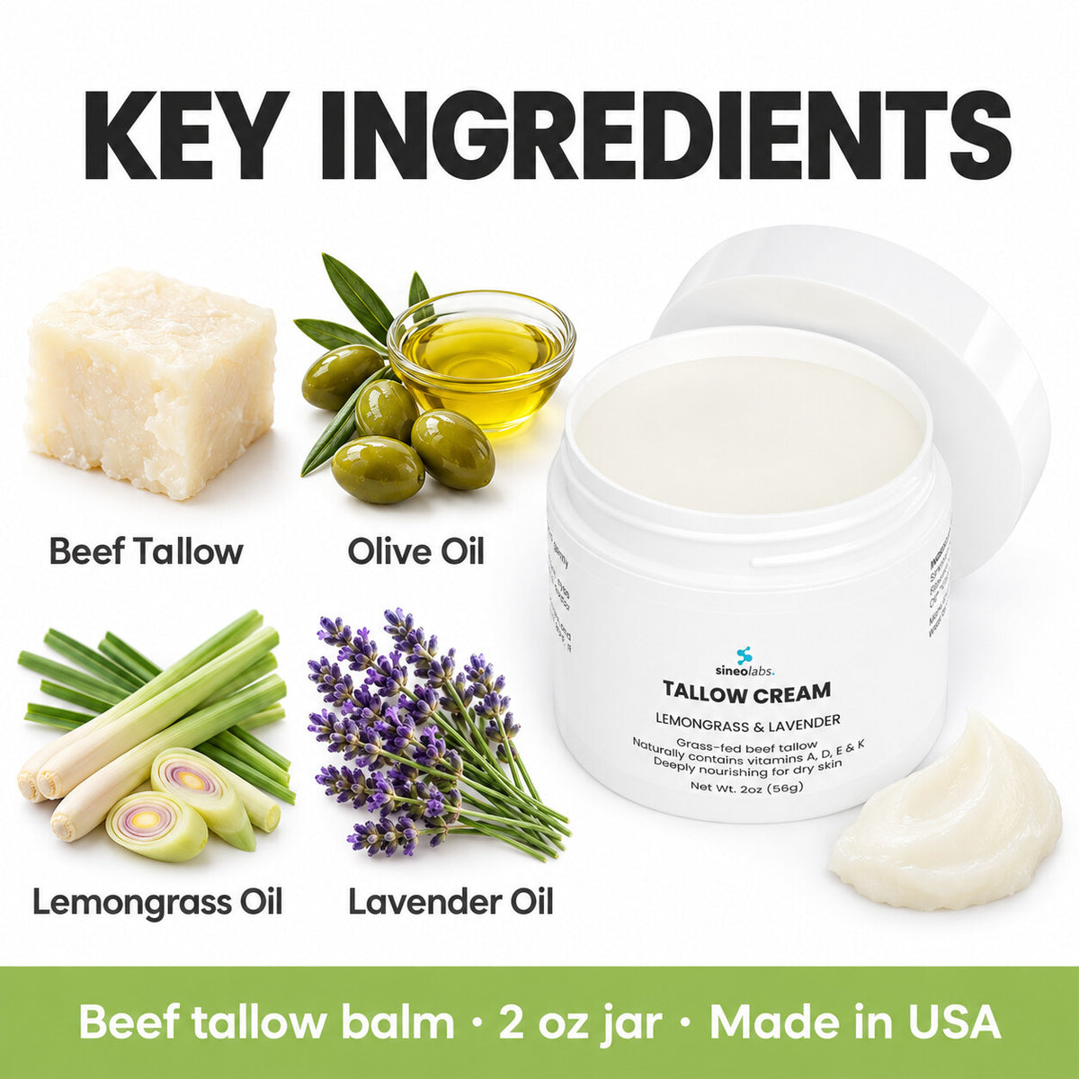 Tallow Cream Lemongrass & Lavender, 2oz: Beef Tallow, Olive Oil, Lemongrass Oil, Lavender Oil