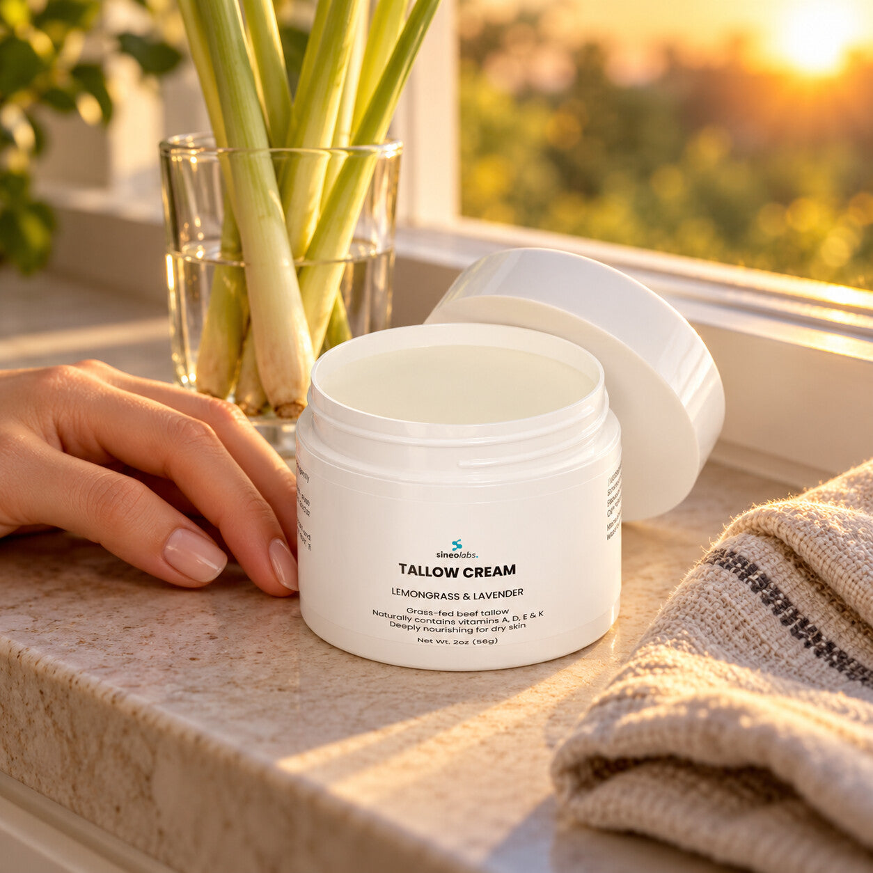 Tallow Cream Lemongrass & Lavender, 2oz on a kitchen windowsill in warm evening light beside a folded linen dish towel and a few lemongrass stalks in a glass