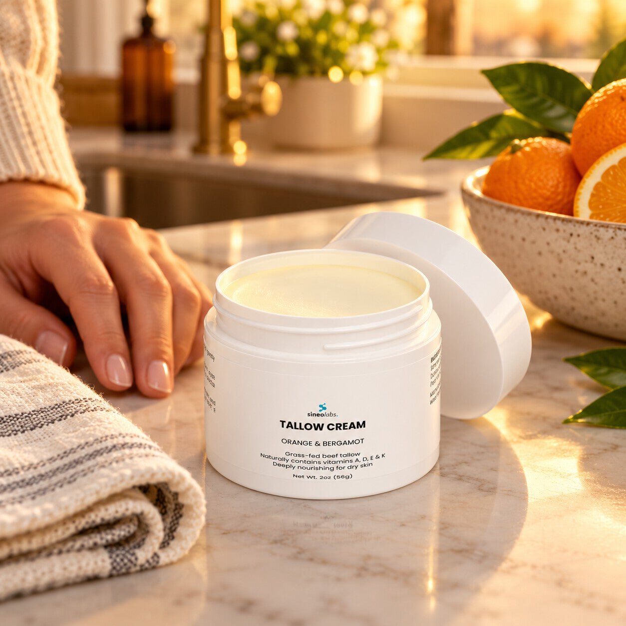 Tallow Cream Orange & Bergamot, 2oz open on a kitchen counter by the sink in warm evening light