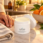 Tallow Cream Orange & Bergamot, 2oz open on a kitchen counter by the sink in warm evening light