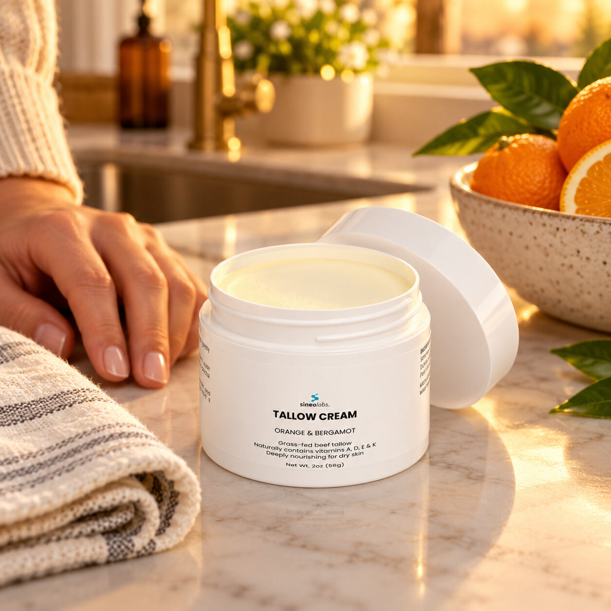 Tallow Cream Orange & Bergamot, 2oz open on a kitchen counter by the sink in warm evening light