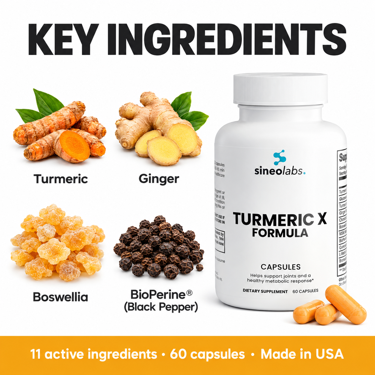 Key ingredients of Turmeric Formula X: Turmeric, Ginger, Boswellia, BioPerine® (Black Pepper)