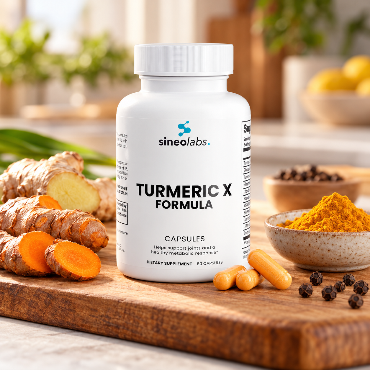 Turmeric Formula X on a cutting board beside fresh turmeric, ginger and black pepper