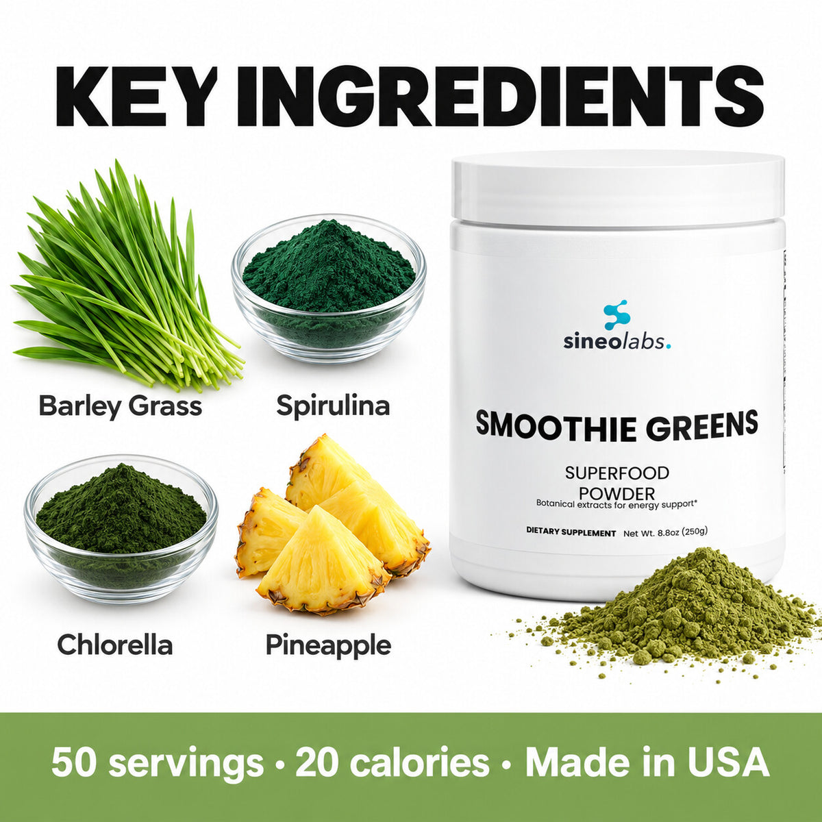 Smoothie Greens Powder with Spirulina & Chlorella: Barley Grass, Spirulina, Chlorella, Pineapple