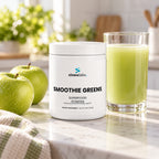 Smoothie Greens Powder with Spirulina & Chlorella on a kitchen counter in bright morning light