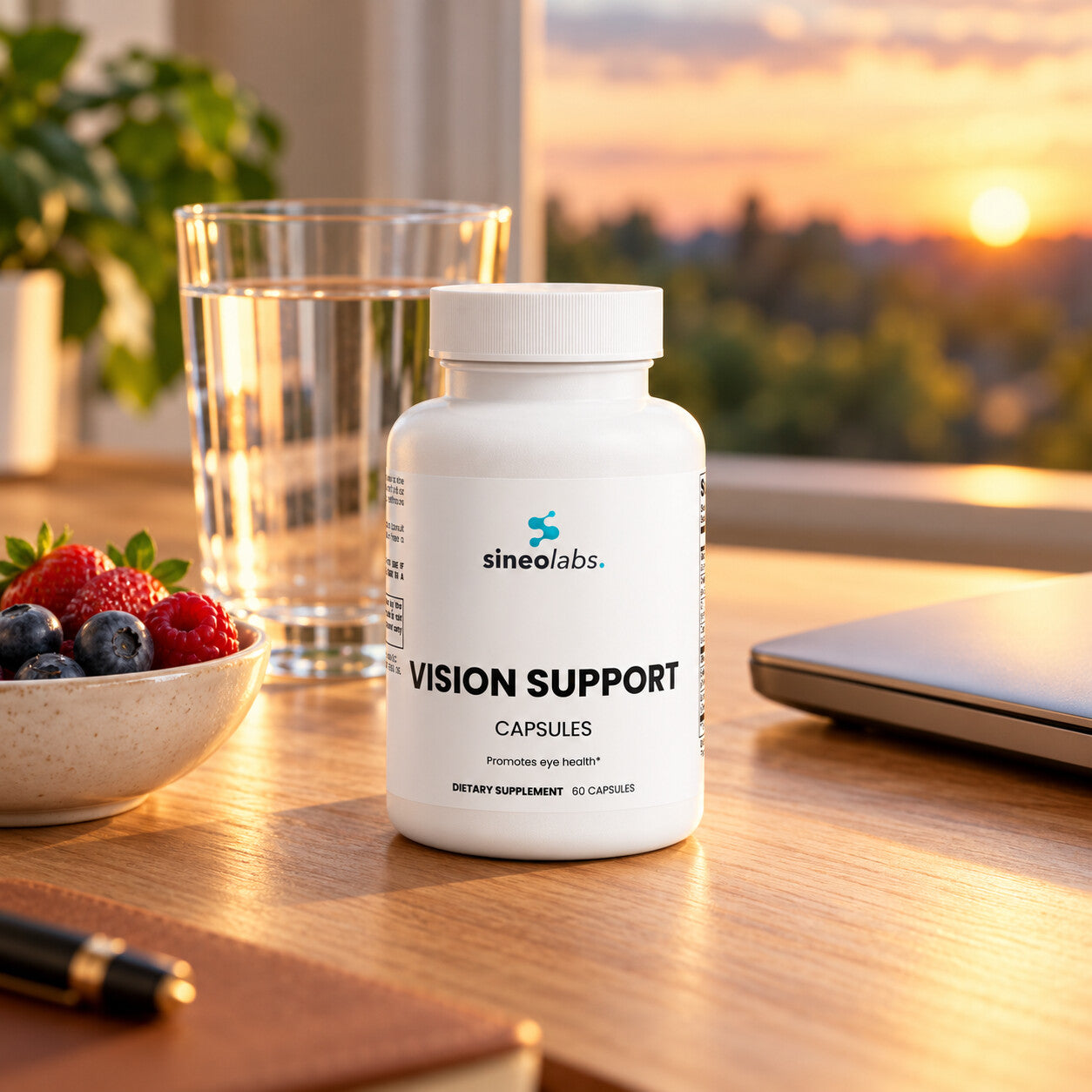 Vision Support Formula on a tidy wooden desk by a window in soft evening light beside a closed laptop