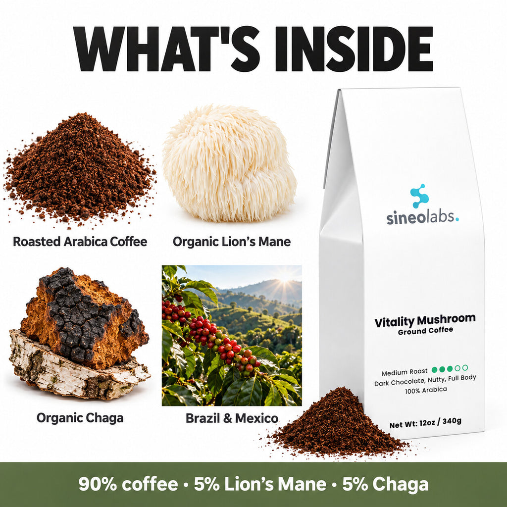 Vitality Mushroom Medium Roast Coffee, Ground 12oz: Roasted Arabica Coffee, Organic Lion’s Mane, Organic Chaga, Brazil & Mexico