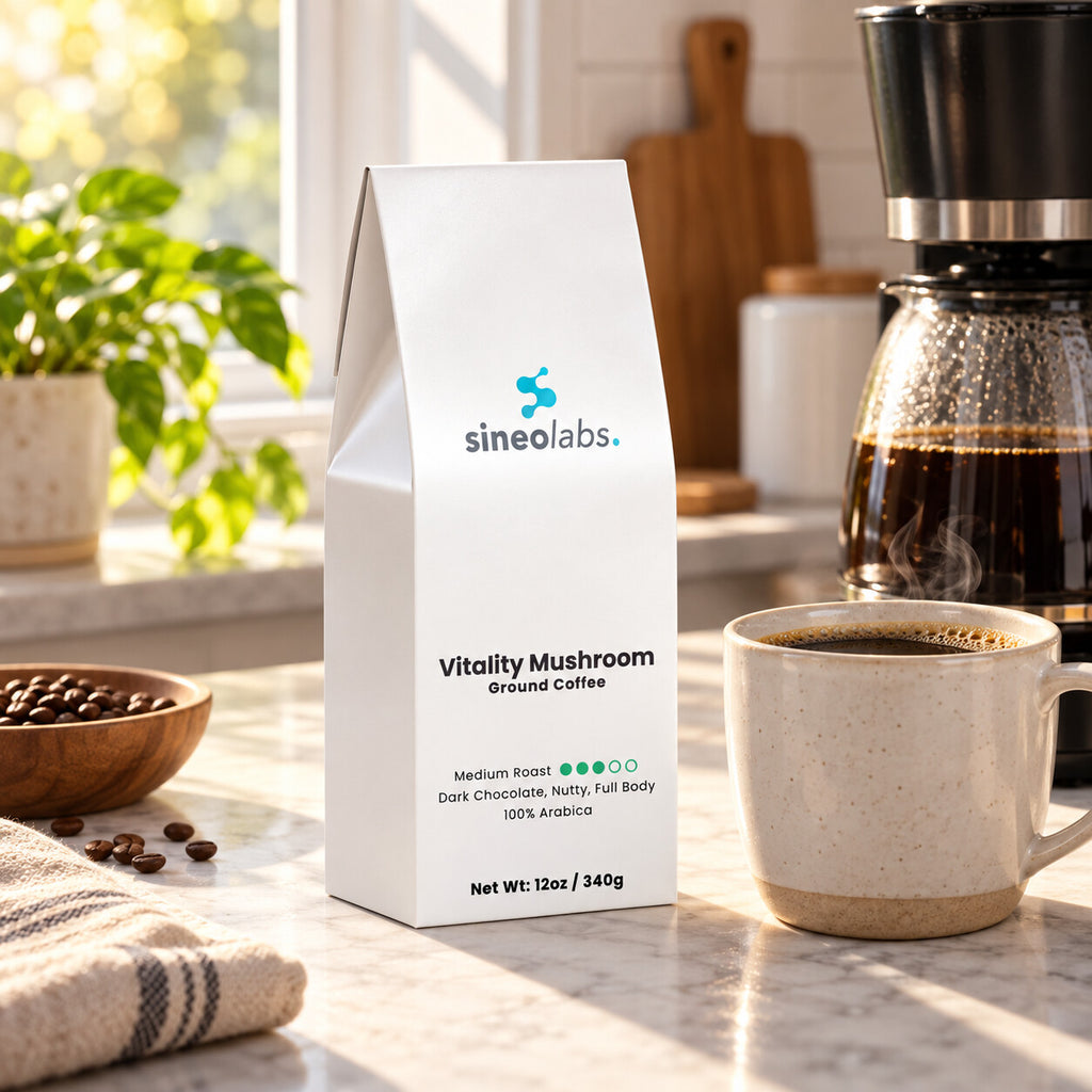 Vitality Mushroom Medium Roast Coffee, Ground 12oz on a kitchen counter beside a drip coffee maker with a full glass carafe and a mug of dark coffee