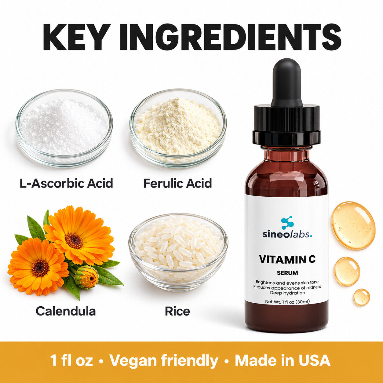 Vitamin C Serum with Ferulic Acid, 1 fl oz: L-Ascorbic Acid, Ferulic Acid, Calendula, Rice