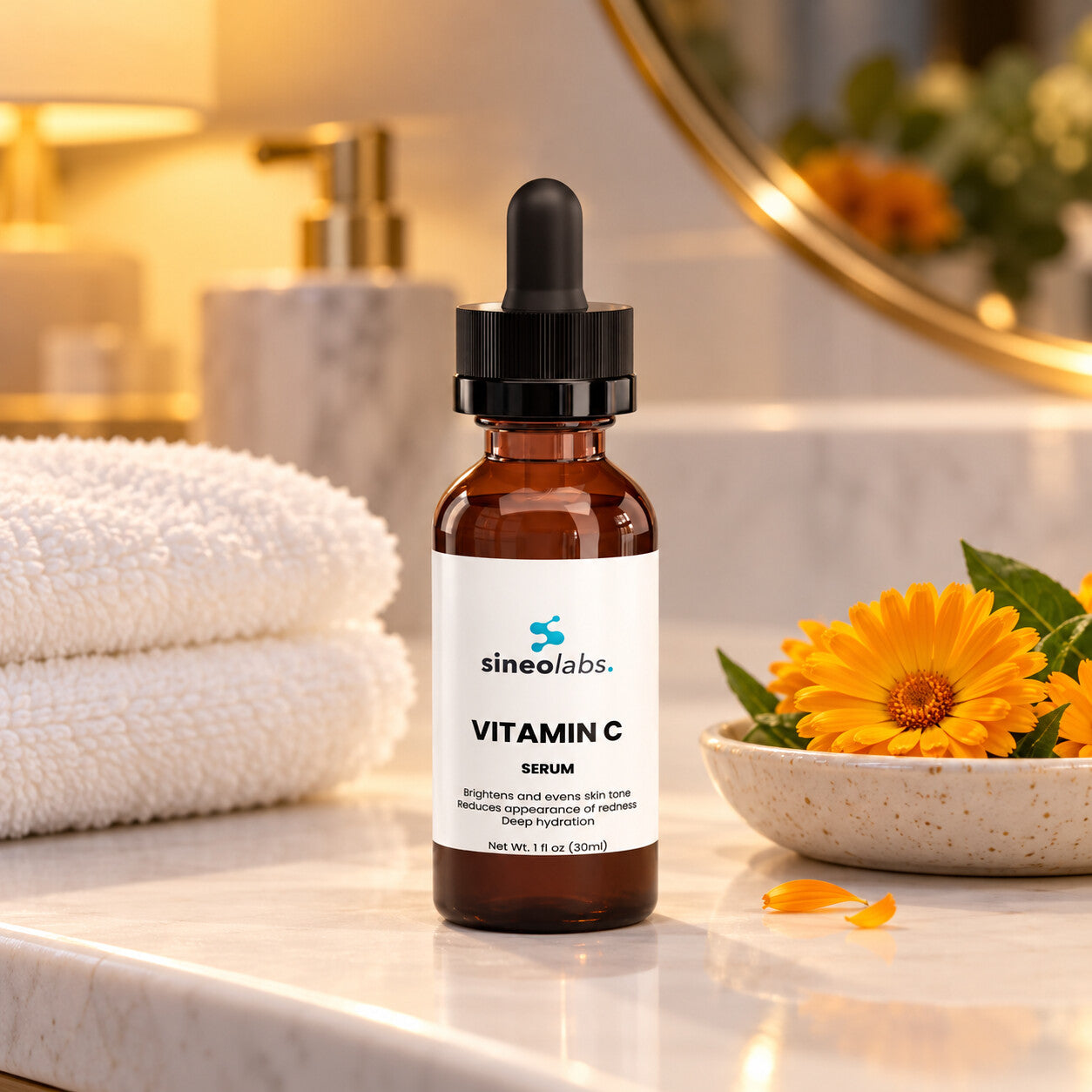 Vitamin C Serum with Ferulic Acid, 1 fl oz on a white bathroom vanity in soft evening lamp light