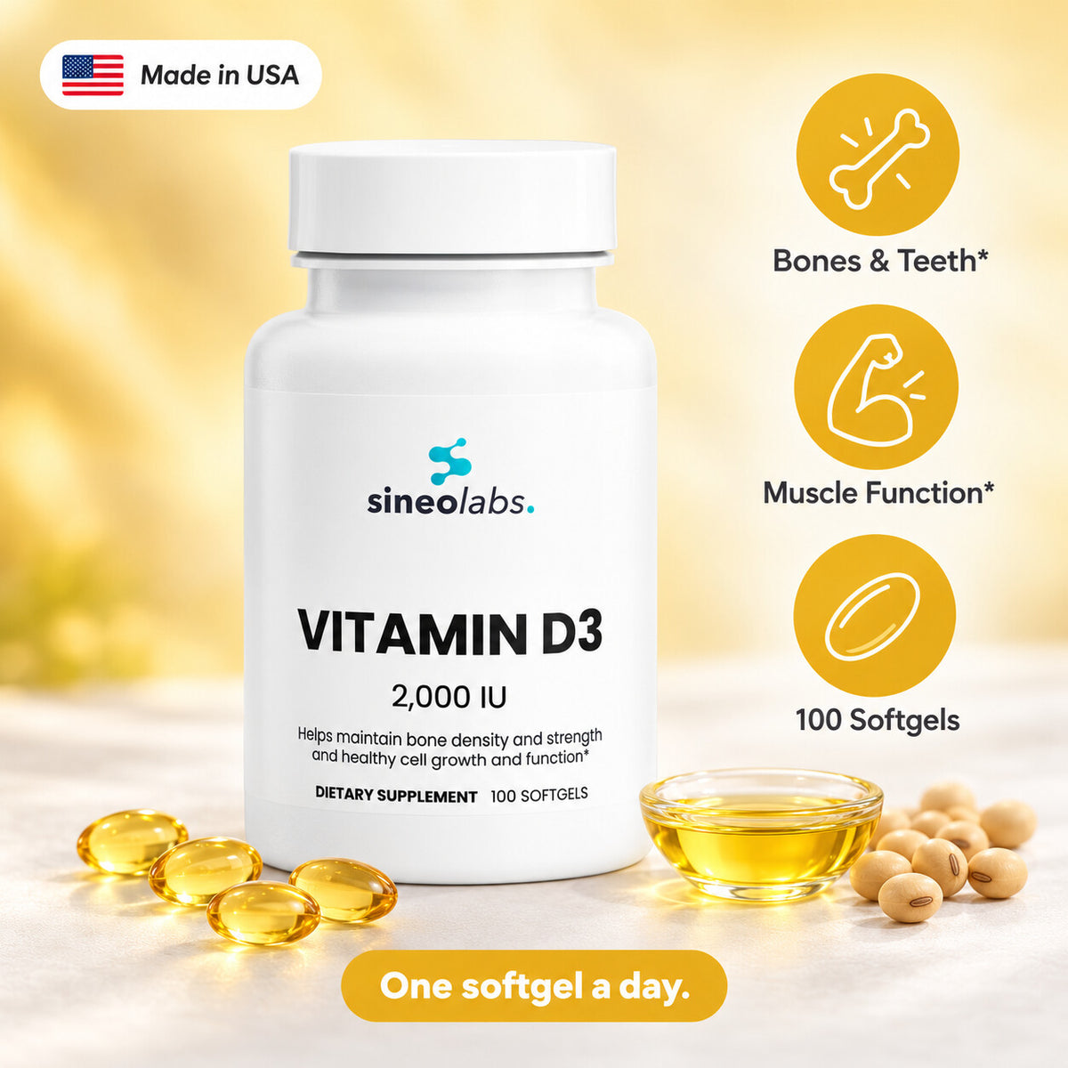 Vitamin D3 2,000 IU Softgels, 50mcg, 100 Count: Bones & Teeth, Muscle Function, 100 Softgels