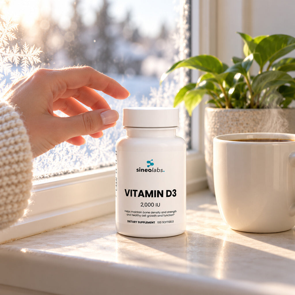 Vitamin D3 2,000 IU Softgels, 50mcg, 100 Count on a windowsill in soft winter morning light beside a mug of coffee and a small potted plant