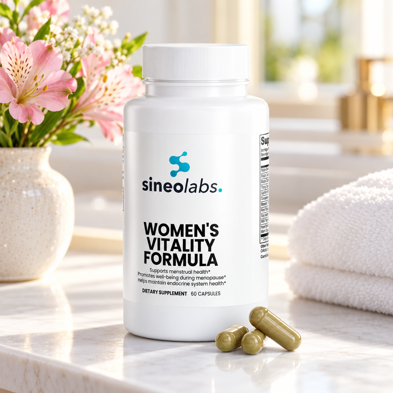 Women's Vitality Formula on a bathroom shelf beside fresh flowers
